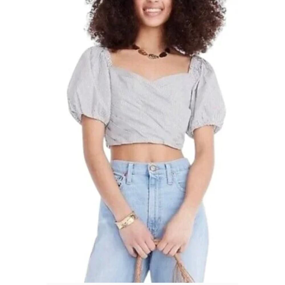 J.Crew Puff-Sleeve Organic Cotton Cropped Top Striped White Blue Beachy Womens L